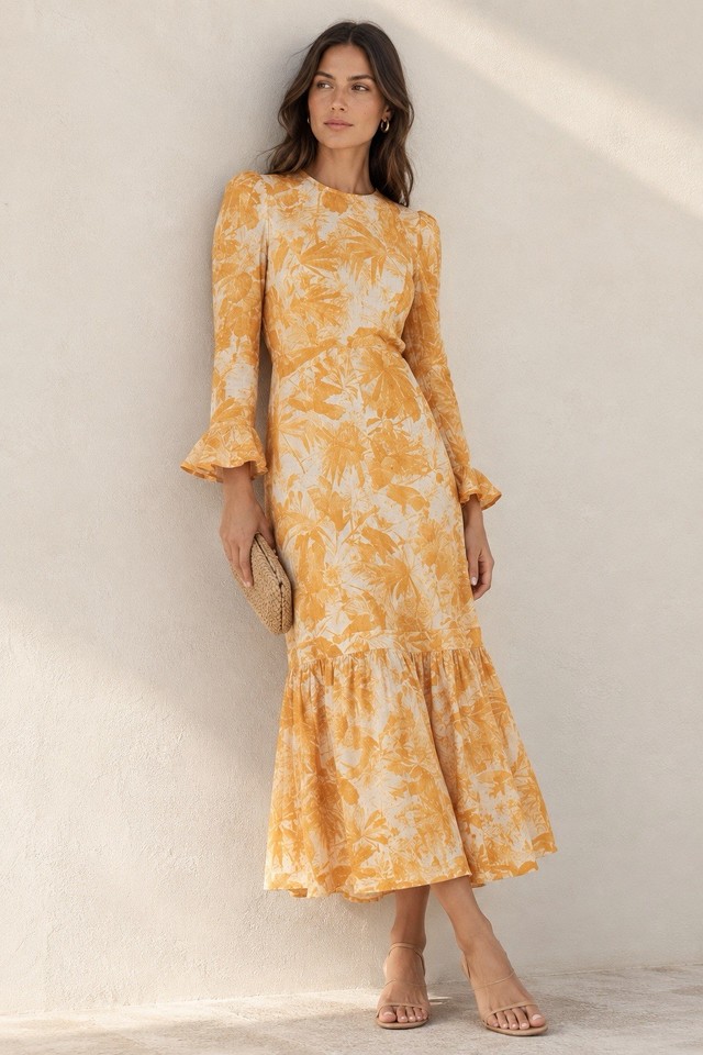 Zimmermann Mae Dress Size 1 Linen Floral Midi Elevated Event Orange Bright