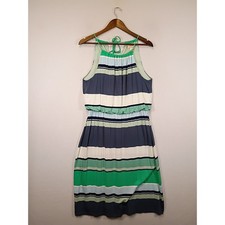 Coastal Preppy Loft Outlet Women Medium Green Navy Striped Halter Sun Dress