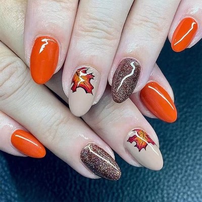 24pcs Autumn Maple Leaf Press on Nail Thanksgiving Almond Fake Nail for Women
