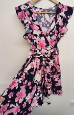 Ladies Blue Pink Floral Print V-Neck Tea Dress Short Flutter Sleeve UK 8 10 S