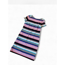 Talbots Petite Multi-Color Striped Preppy Shift Dress | Gold Shoulder Buttons |