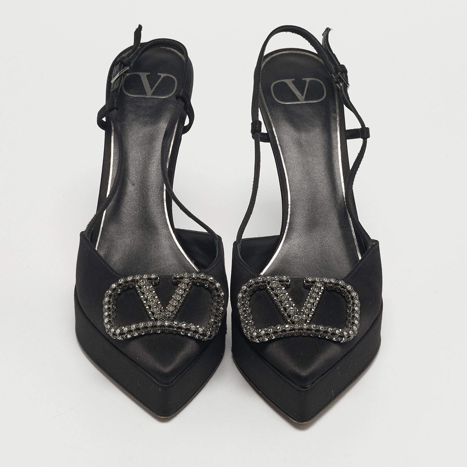 Valentino Black Satin VLogo Slingback Platform Pumps Size 40 thumbnail 3