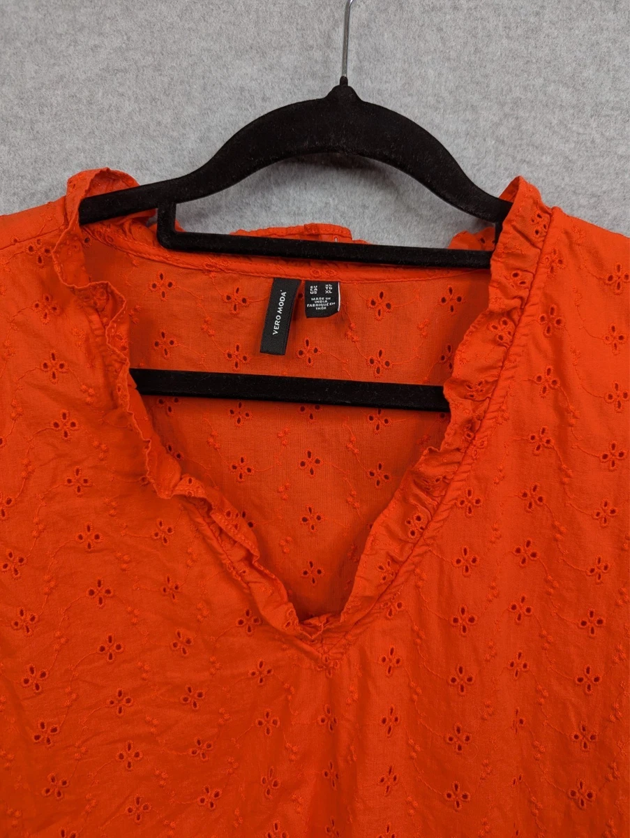 Vero Moda Top Womens US XL Orange Broderie Anglaise Blouse Cotton Event Work