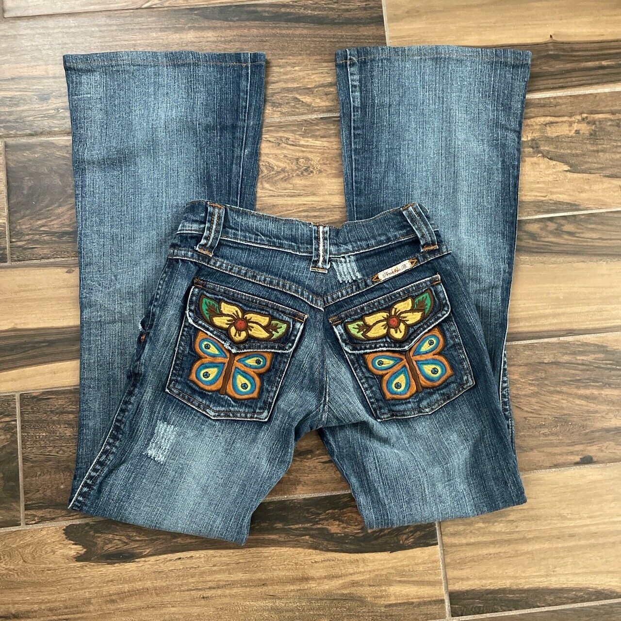 Y2K 90s Frankie B. Flare Jeans Low Rise Butterfly Flower Embroidered  Pockets 2