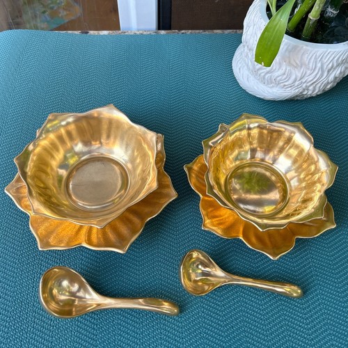 Rare Pickard Lotus Condiment Nut Bowl 24 KT Gold Plate & Spoon. Lot Of 6 Pieces. - Picture 6 of 24