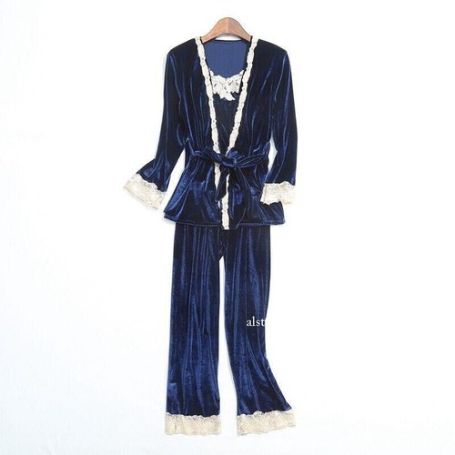 3Pcs Women Velvet Sleepwear Pajamas Sets Lace Nightwear Loungewear Bathrobe - Picture 15 of 28