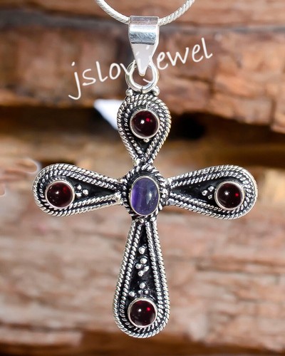 Pendentif Ancien Ovale Argent 925 Grenat Mozambique 2,3" - Neuf Sans Emballage