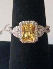 NEW 3 Ct Cushion Cut Yellow Citrine Halo Women's Ring, Sterling, Size 7