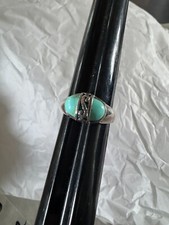 Vintage 925 Sterling 1.5mm Scroll Design Oval Cabochon Turquoise Ring Size 7.5