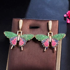 Beauty Cubic Zircon Long Wide Butterfly Dangling Drop Earring CZ 925 Silver Gift