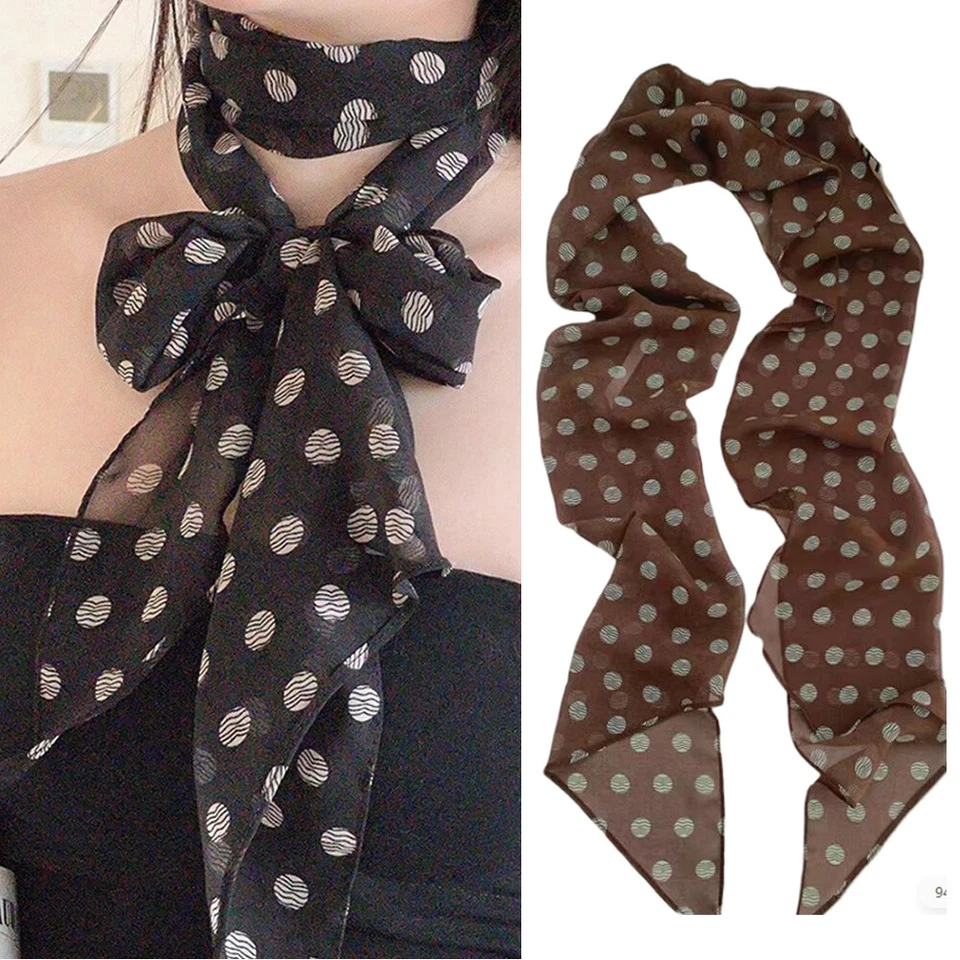 Retro Brown Polka Dots Long Silk Scarves HairBand Womens High Quality Headscarf↔ - Image 2 of 4