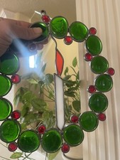 Vintage Stained Glass Suncatcher Holiday Christmas Holly Wreath and Candle 10"