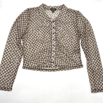 J for Justify Retro Brown Polka Dot Flower Mesh Long Sleeve Button Down Size XL