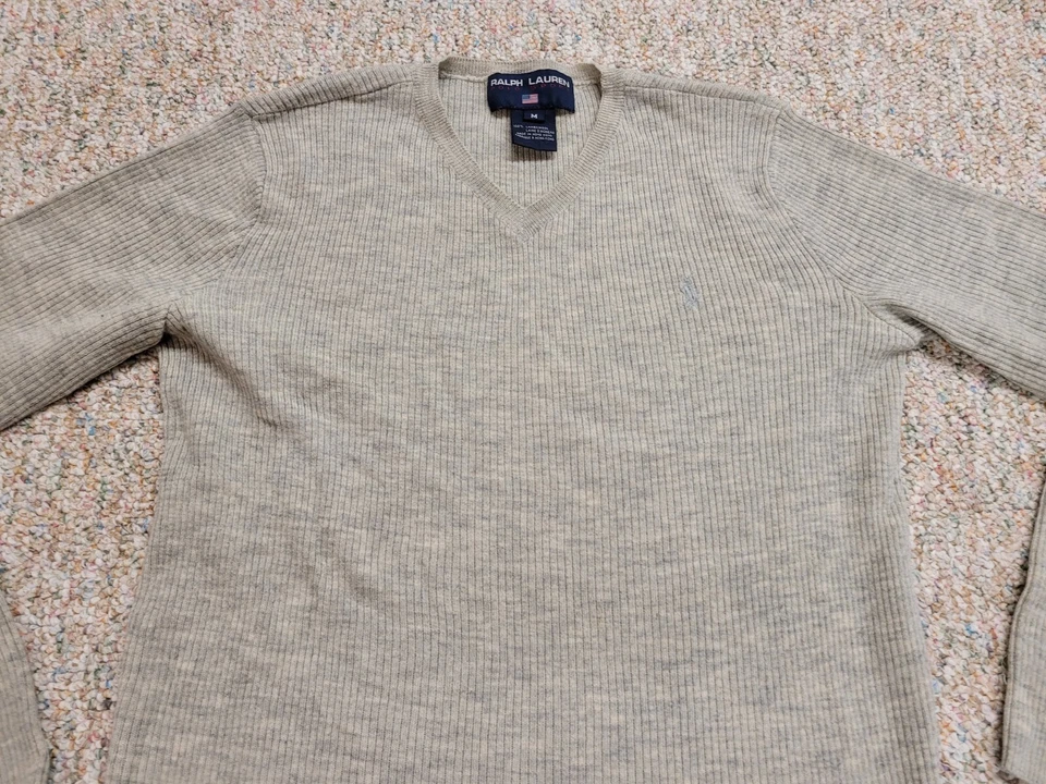 Ralph Lauren Polo Suéter Deportivo Para Hombres Mediano Beige Cuello en V 100% Lana de Cordero Tejido De Colección Foto 4 de 4