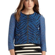 Gryphon Joy Blazer Jacket Sz M Zebra Animal Print Tweed Full Zip Cropped Blue