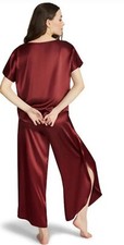 NWT BB Dakota Women's Satin 2-Piece Short Sleeve  Pant Lounge Set Burgundy Sml