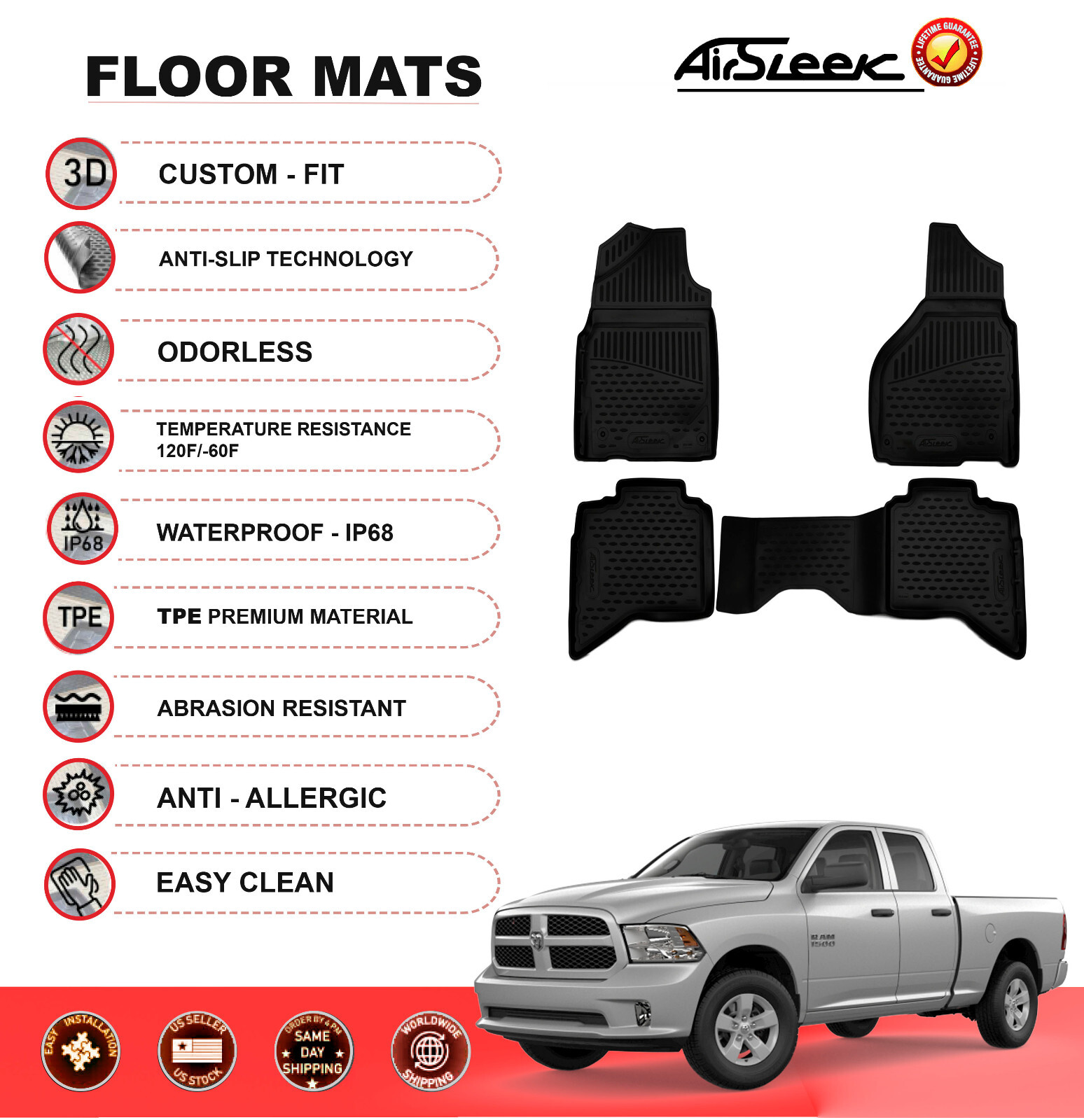 Floor Mats for Dodge RAM 1500 201218 Crew Cab Waterproof All Weather