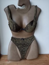 Gold Glitter Sparkly Padded Removable Pads 36B Bra 14/16 Thong Set BRAND NEW