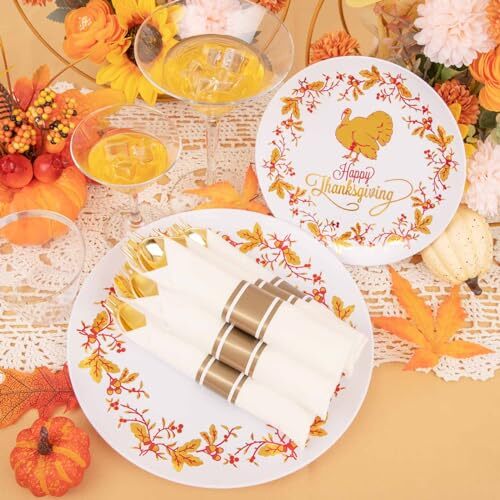 175PCS Thanksgiving Plastic Plates - Gold Disposable Plastic Plates Sets - Picture 5 of 8