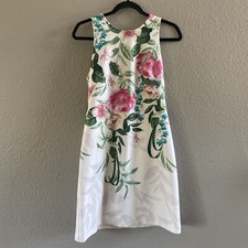 Eliza J Dress Womens 6 White Floral Sleeveless Shift Stretch Scuba Zipper Easter