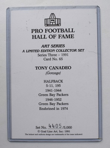 TONY CANADEO auto Goal Line Art card "Green Bay Packers" 4405/5000 - MINT - Picture 2 of 3