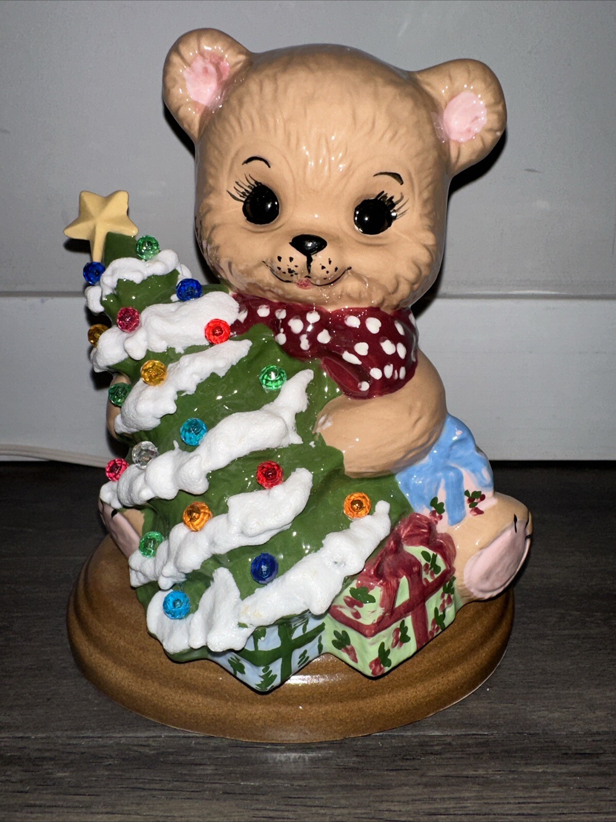 VTG Ceramic Lighted Teddy Bear Flocked Christmas Tree Figurine w/Base 6.5” Works