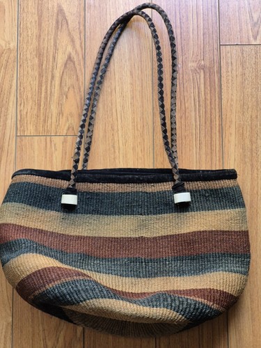 Vintage Sisal Suede Market Jute Tote Woven Raffia Basket Shopper Bag - Picture 16 of 23