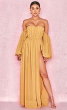 House of CB dress Marlena design In Mustard. Bardot Off The Shoulder Style.