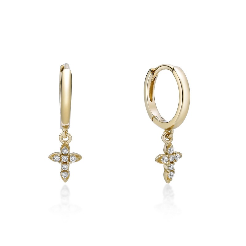 18K Yellow Gold Plated Sterling Silver Lab Grown Diamond Cross Dangle Earrings