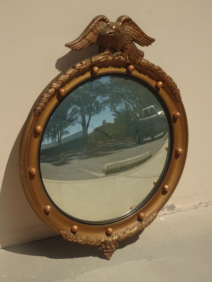 Antique Federal 13 Colonies Eagle Bullseye Convex Gold Wall Mantle Mirror #2 - Image 4 of 4