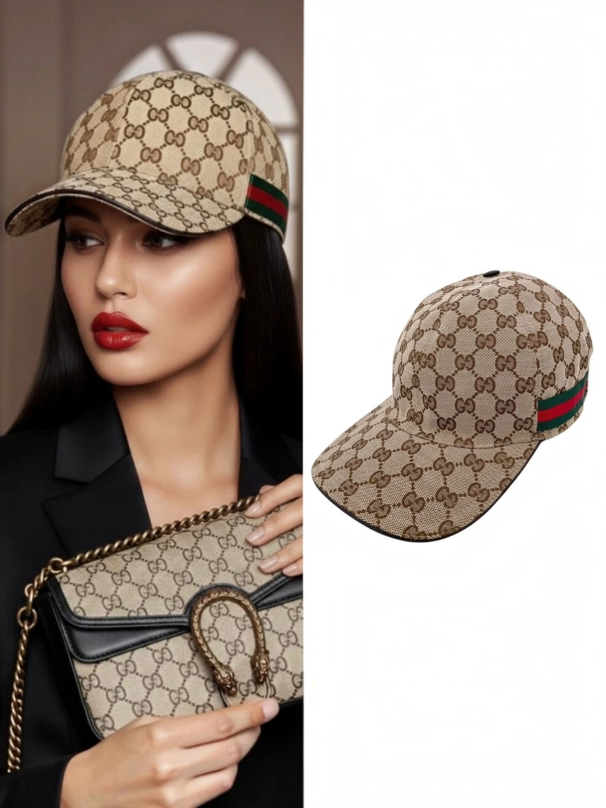 Beige Gucci Baseball Cap Italian Stripe Hat Supreme GG Monogram Incl Dust Bag M