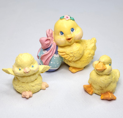 Vintage Russ Resin Easter Mini Figurines Yellow Chick Duck x3 two sizes