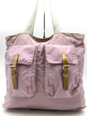 PRADA Tessuto Nylon Pink Tote Bag 33cm Buckle Front Pockets 52306J0006 Authentic