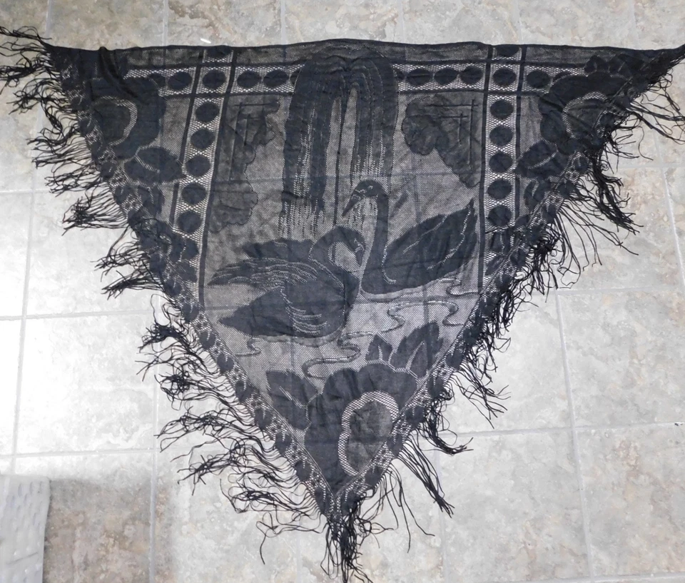 Винтажный бахрома треугольник фортепиано шарф кружева лебедь узор вечер шаль черный #A65 - Изображение 2 из 4