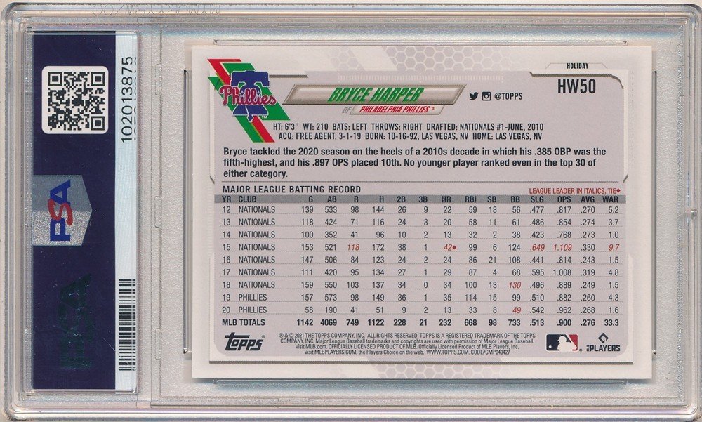 BRYCE HARPER 2021 TOPPS HOLIDAY #HW50 SANTA BAG VARIATION SSP PSA 10 GEM MINT view 2