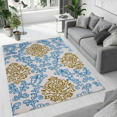 Handgetufteter Wollteppich: Damast-Teppich mit Blumenmuster