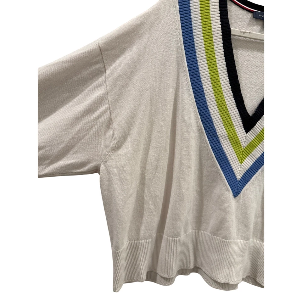 Suéter Tommy Hilfiger Talla XXL 2XL Blanco Cuello en V Mezcla de Algodón Rayas Foto 3 de 4