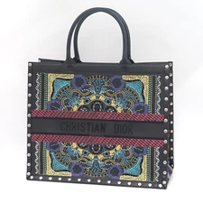 Christian Dior Embroidered Studded Book Tote Large Bag Black Leather Multicolor