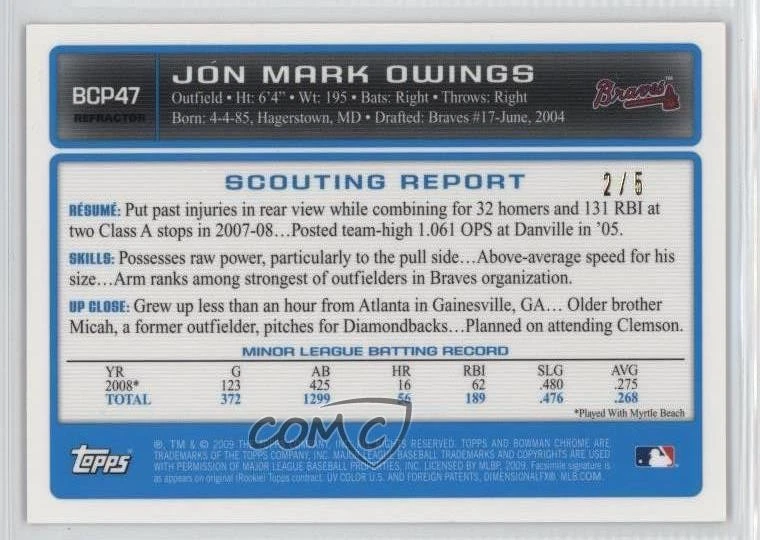 2009 Bowman Chrome Prospects Red Refractor /5 Jon Owings Jon Mark Owings #BCP47 - Image 2 of 2