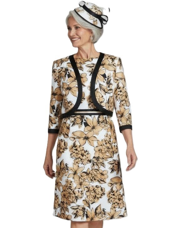 Jacques Vert Retro Style Beige Black Gold on Ivory Shantung Dress & Bolero UK 20
