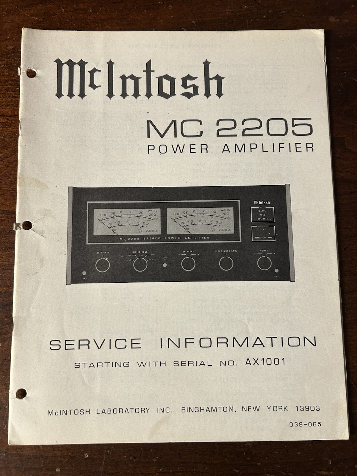McIntosh MC2205 AX1001 Power Amplifier Amp Service Information Original Manual
