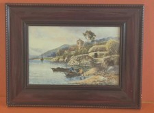 Antique Print on Board Coastal Scene with People in boats by Daniel Sherrin