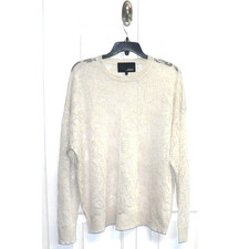 Line Knitwear Women's Lightweight Sheer Inset Palm Tree Sweater in Beige Large