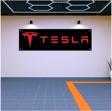 Tesla Flag Banner 71x24" – Garage Wall Decor for Electric Car Fans