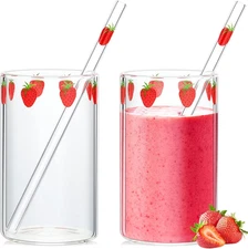 2 Sets Strawberry Cups Nana Strawberry Glass Cup with Straw Glass Tumbler Drinki