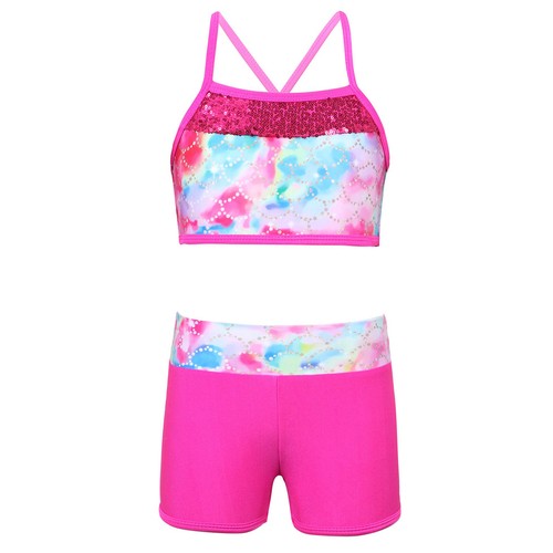 Kids Girls Dancewear Outfits Jazz Dance Gymnastics Shiny Sequins Tank Shorts - Picture 22 of 74