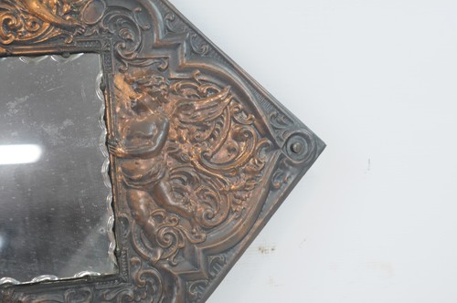 1800s Antique Beveled Wall Mirror On Copper Repousse Plaque With Cherubs Angels - Picture 5 of 12