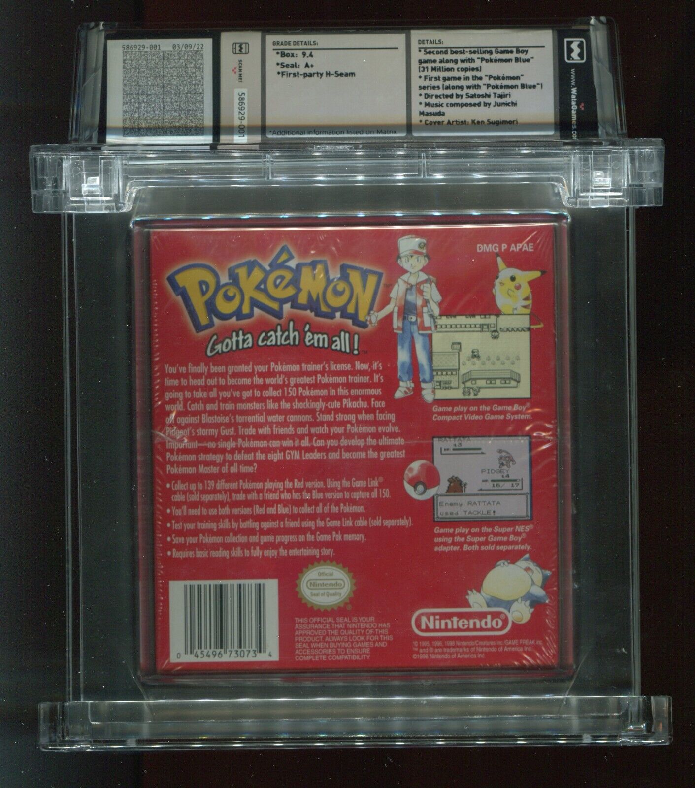 1996 Nintendo Game Boy Pokemon Red Version WATA 9.2 A+