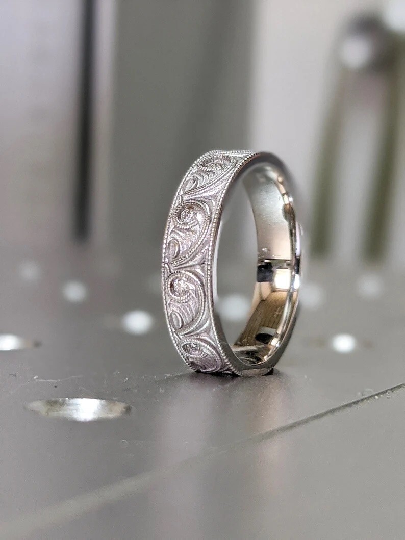 Fabulous Unique Engraved Wedding Handmade Vintage Band For Men In 10K White  Gold