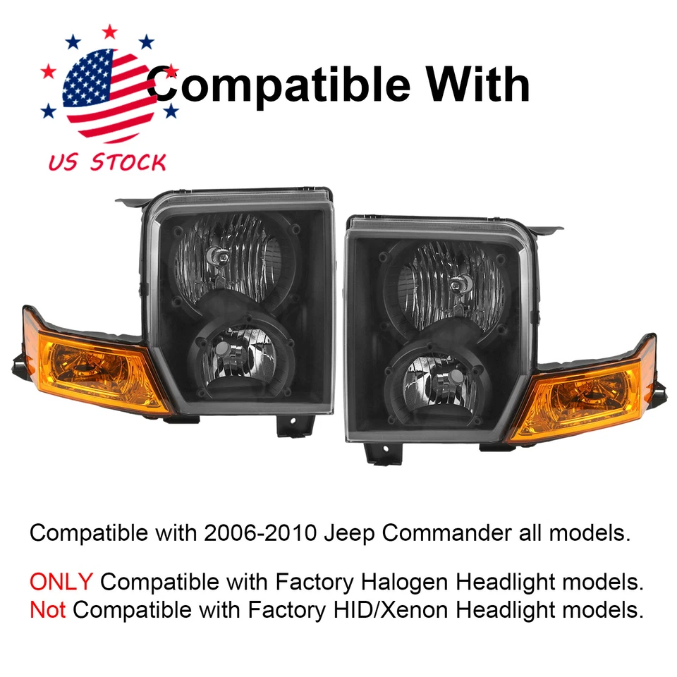 Pair Black Crystal Headlights Fit for 2006-2010 Jeep Commander Foto 3 de 4